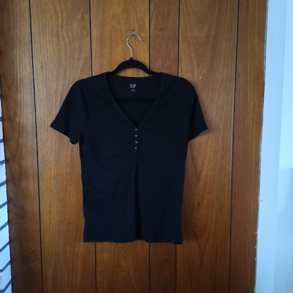 Gap Black Women's V-Neck Button Top - Short Sleeve - Size S Chic Elegance - Picture 3 of 6